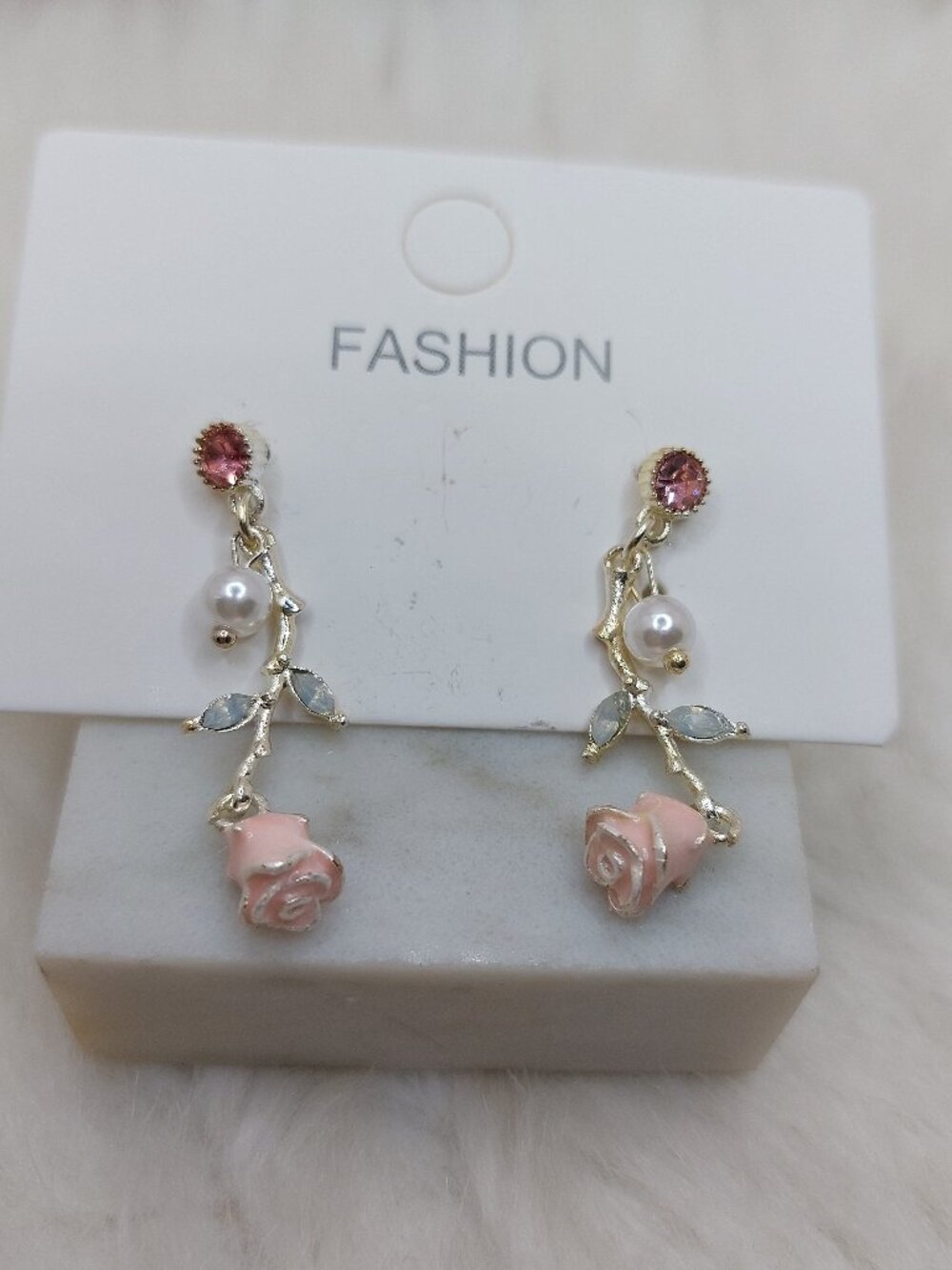 2/$19 S925 Stud Sweet Pink Rose Pearl Zircon Tassel Pendant Earrings